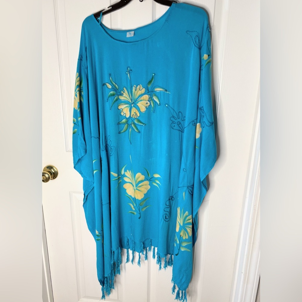 Hawaiian Turquoise Blue Tropical Flower Kaftan Beach SwimSuit Cover Up Fringe